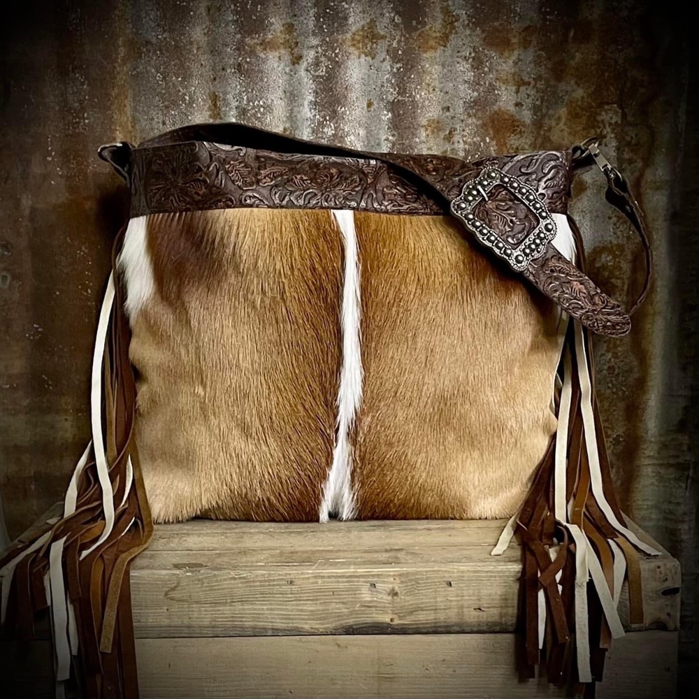 Springbok hide with Brown and White Fringe Leather Bag
